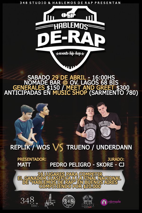 348studio_'s tweet photo. El Sabado 29 de Abril llega la competencia de freestyle #HablemosDeRap con la presencia de #Underdann, #Trueno, #Replik y #Wos 🔥 https://t.co/LTcf3S4Xnd