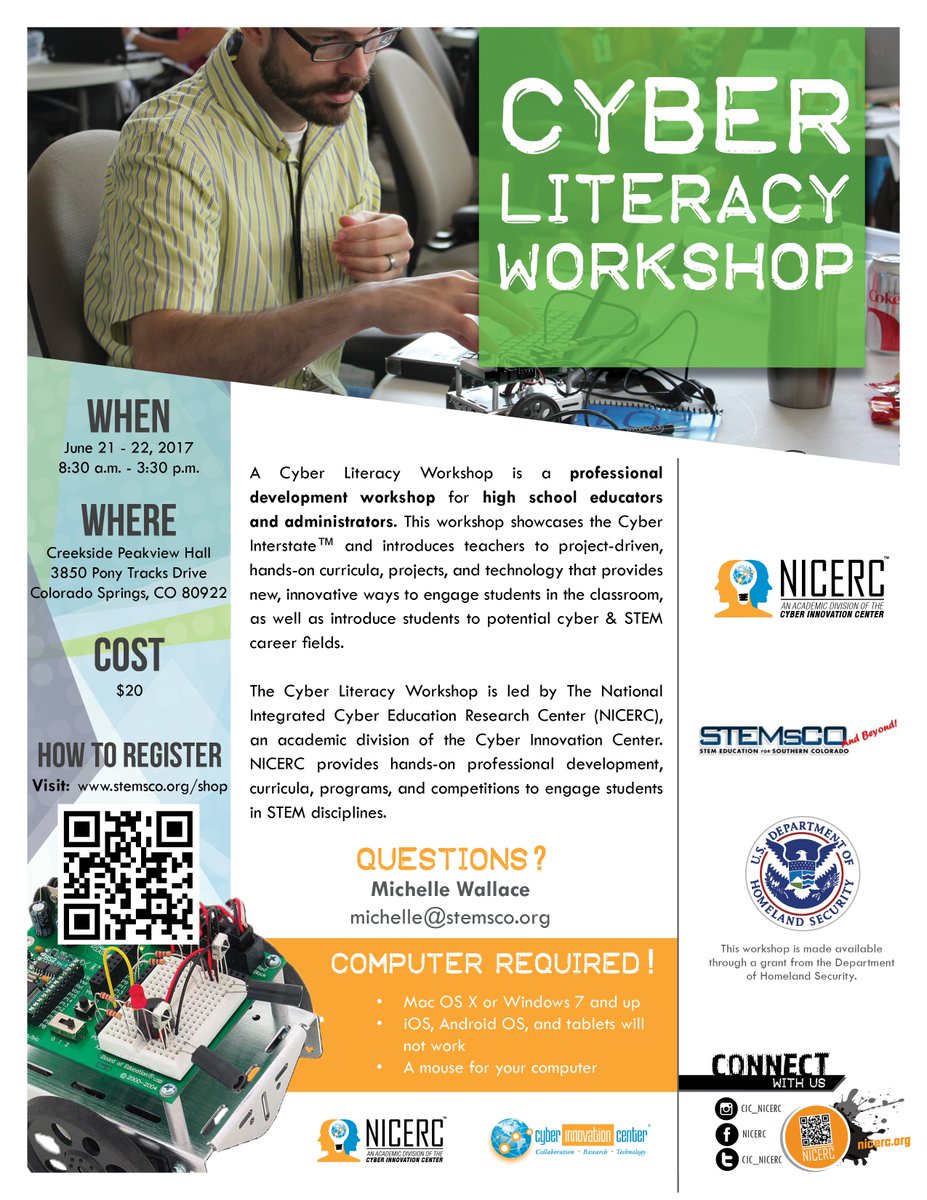 STEMsCO's tweet photo. STEMsCO Announces 
Cyber Literacy PD for High School Teachers 
June 21st - 22nd 
Only $20! 
0.7 CEU's 
Register at https://t.co/U5doX3hjIk https://t.co/dE0f5ikNHe