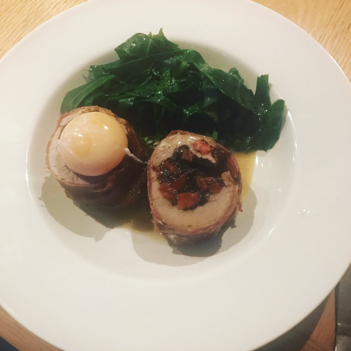 ScottOverend's tweet photo. Pork fillet stuffed with chorizo &amp; black pudding wrapped in pancetta with spring greens, poached yolk &amp; pork,apple sauce @GordonRamsay https://t.co/pq5kXG423M