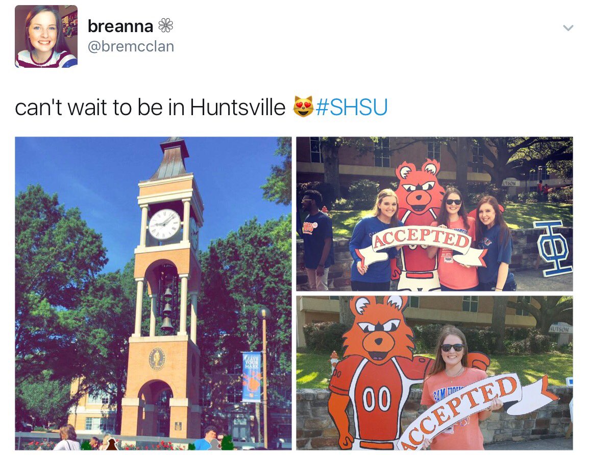 VisitSHSU's tweet photo. Congratulations Breanna! You are the winner of our Saturday at Sam social media challenge! We can't wait for you to be a Bearkat! #tourshsu https://t.co/fR9Apc89bS
