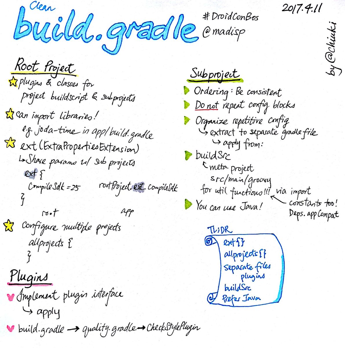 chiuki's tweet photo. Clean build.gradle by @madisp at #droidconbos #sketchnotes https://t.co/JlOhY8lzeN