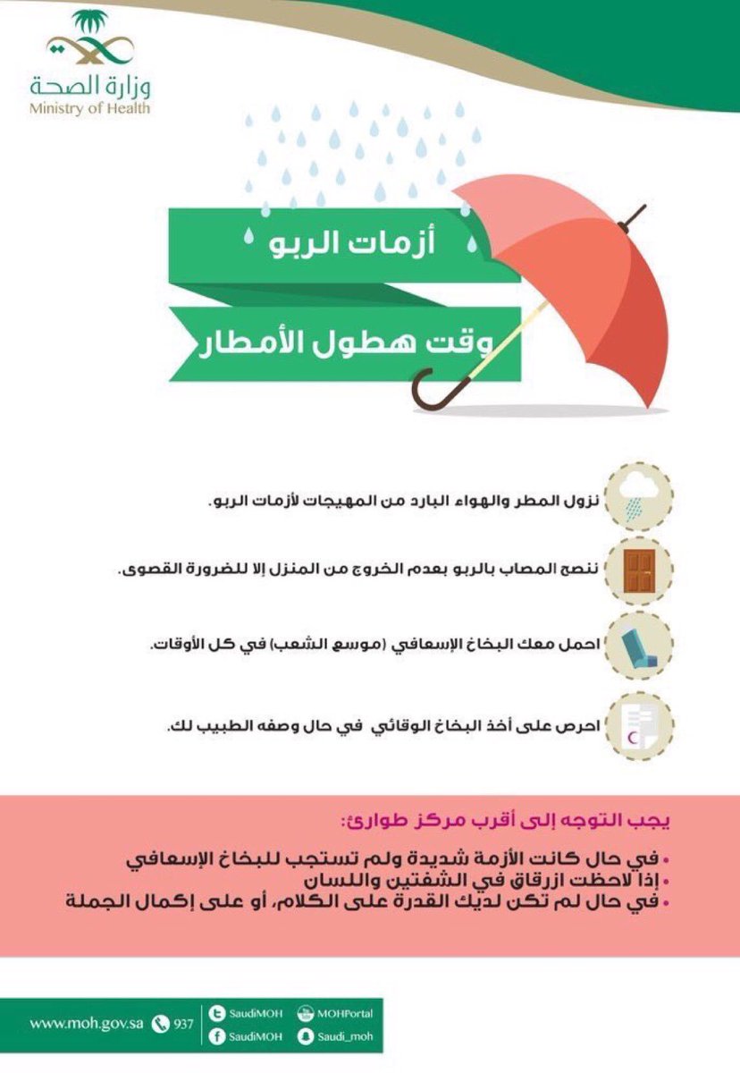 أزمات الربو وقت هطول الامطار
نصائح مهمه جداً من وزارة الصحة السعودية
#غبار_جده