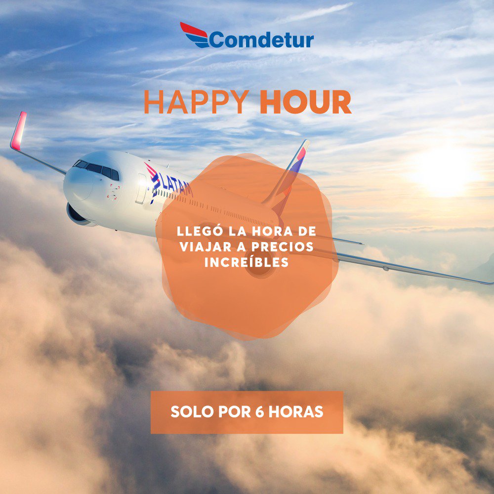 comdetur's tweet image. ¡Sumate al Happy Hour de Latam! Promoción solo por 6 horas de 18:00hs. a 23:59 hs. #DestinoSorpresa
Ingresa a www-amer.epower.amadeus.com/comdetur/