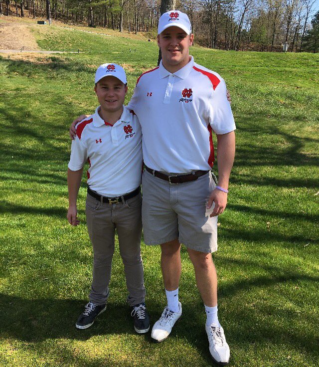 NCSraiderreport's tweet photo. The varsity golf team celebrated senior day today during their home match against Roanoke Catholic, honoring Bruce Farrell and Davis Call. https://t.co/sPMGdDsD00