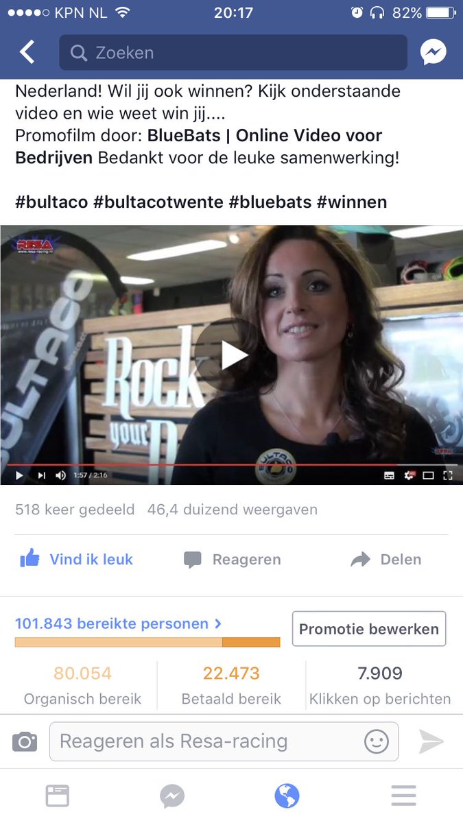 BlueBatsVideo's tweet photo. Ik denk dat we de code gekraakt hebben. Tjonge jonge, wat een bereik op Facebook voor onze klanten met video: 100.000... #dankbaar #impress https://t.co/Uc29ihpjDt