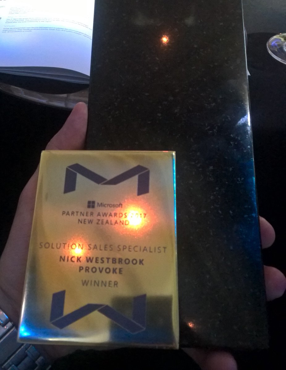 nickwestbrook's tweet photo. Feeling a bit shady this morning but what an awesome night! Pretty stoked to have taken this out too! Thanks @MicrosoftNZ! #NZPartnerAwards https://t.co/c4arWC9t53