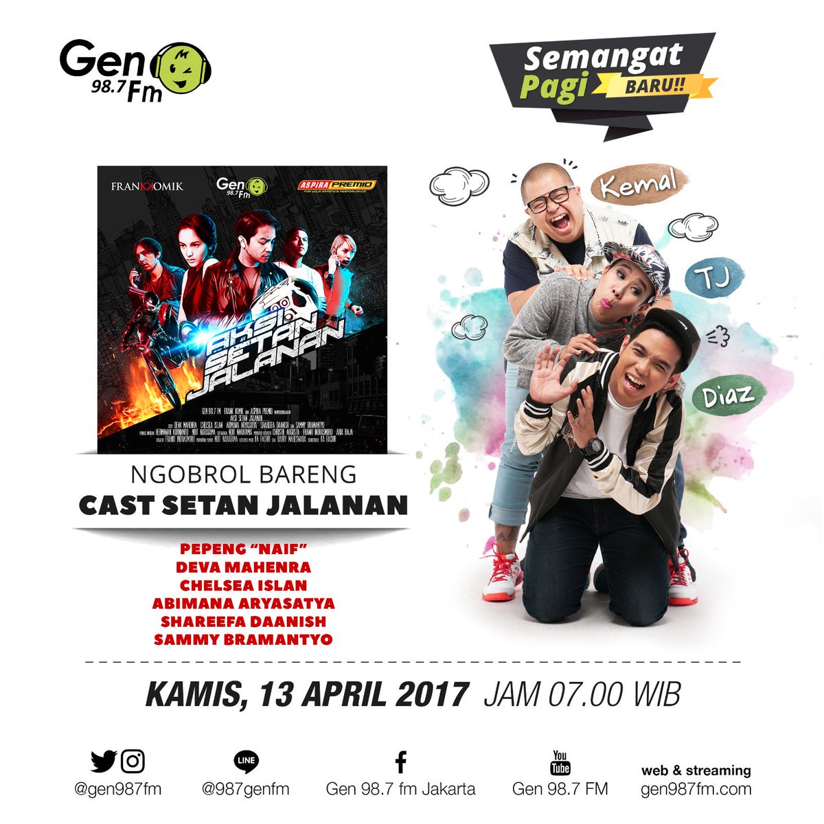 BESOK bakal ada pemainnya #AksiSetanJalanan <a href="/DevaMahenra/">Deva Mahenra</a> <a href="/chelseaislan/">Chelsea Islan</a> <a href="/AbimanA_A/">Abimana Aryasatya</a> <a href="/sammybramantyo/">Sammy Bramantyo</a> + kreatornya <a href="/i_frank/">Frank</a> di #SemangatPagiBARU