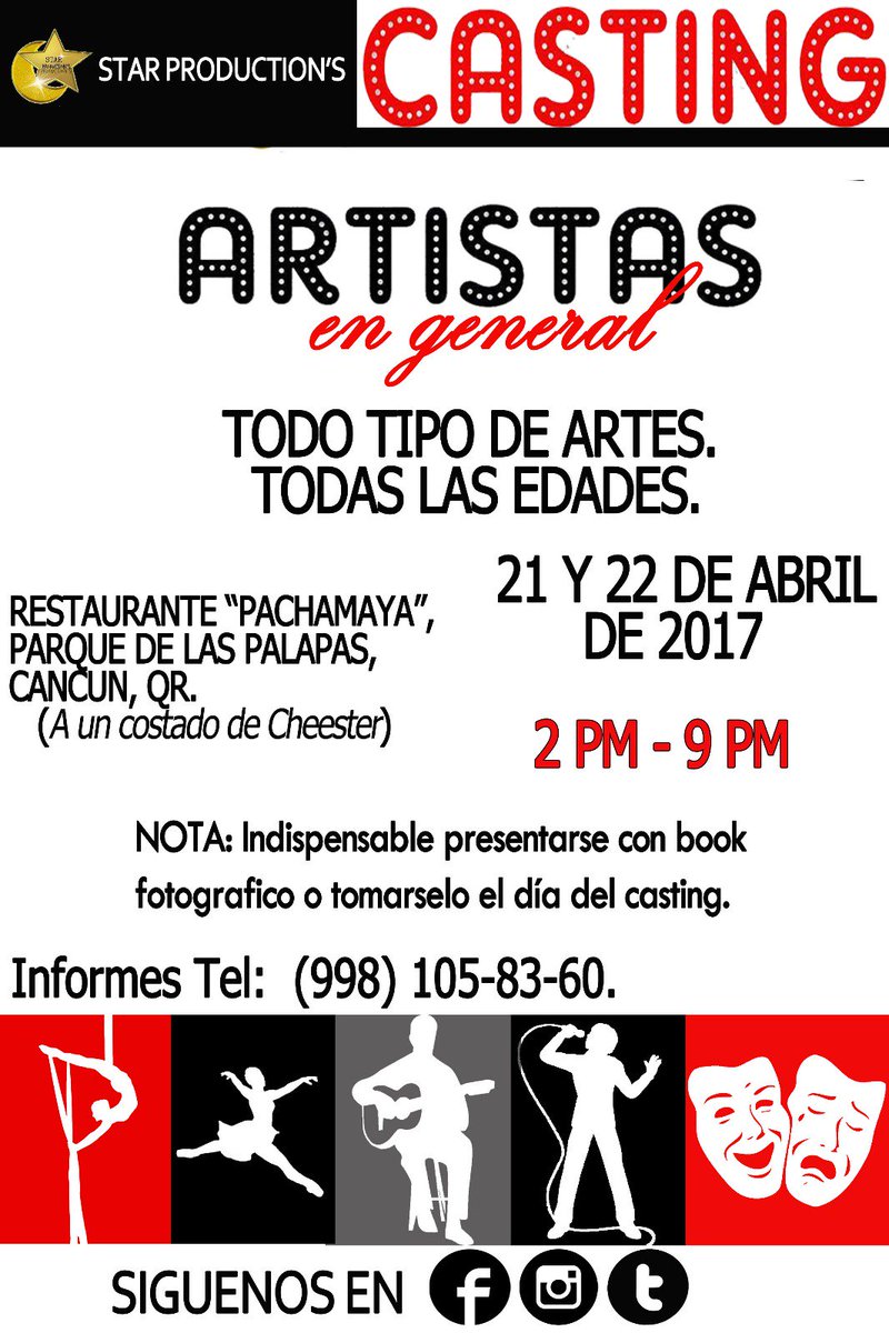 ProductionStar_'s tweet photo. CASTING, ESTE 22 DE ABRIL.
ARTISTAS EN GENERAL, TODO ARTE. @AltavozCancun https://t.co/u98RLNR7bW