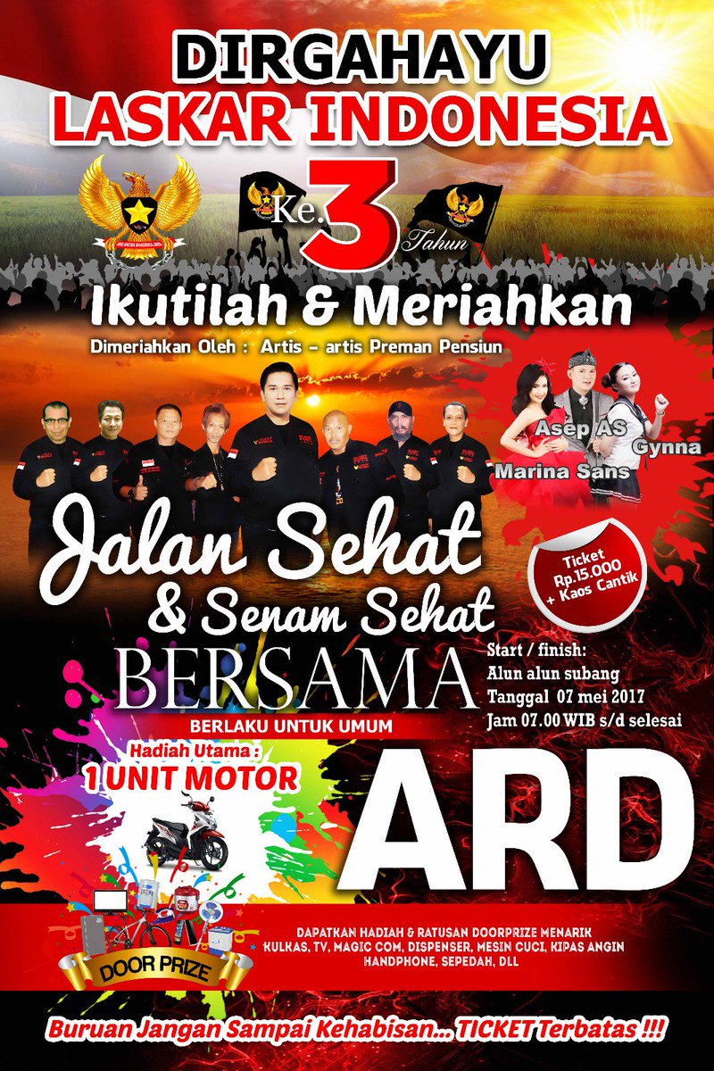 subangtalkcom's tweet photo. #EventSBG 3 Tahun Laskar Indonesia menghadirkan Jalan Sehat & Senam Sehat, 7 Mei 2017 bersama Artis Ibukota https://t.co/kjD9zib0SA