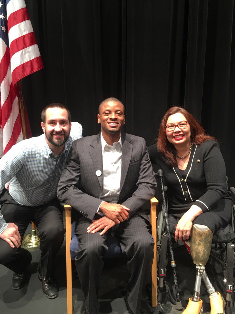 Two leaders from the Coalition for a Better #IL6. Reid and Patrick with <a href="/SenDuckworth/">Tammy Duckworth</a> at her CD6 #TownHall tonight.