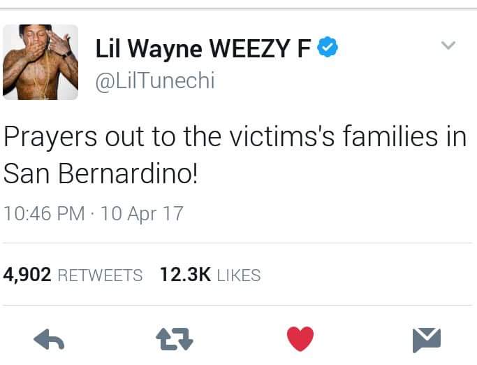 kilgore_devonte's tweet photo. WHEN @LilTunechi TWEETS OUT LOVE IN RESPONSE TO TRAGEDY, BUT #potus45 @realDonaldTrump STILL HASN'T...#Prayers #PrayersForSanBernadino https://t.co/KiqmIsYS6X