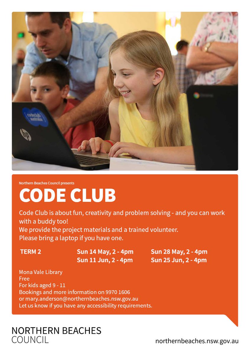 monavalelibrary's tweet photo. Code Club produces creativity &amp; problem solving in fun ways. For kids aged 9-11.
Booking required - hurry don't miss out. https://t.co/AmxHnMivwx
