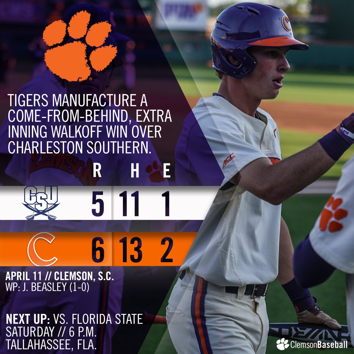 ClemsonBaseball's tweet image. FINAL: #Clemson takes down CSU, 6-5, on A. Cox&apos;s walkoff single in the 11th.

Story to follow.
