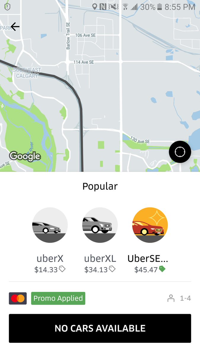 CANADAIMMUNOTEC's tweet photo. Excited to see No UberSelect vehicles available. 10x UberX in my neighborhood , guess I'll call a sedan. Not sure what Calgary Uber is doing https://t.co/J5iIHrhWFX
