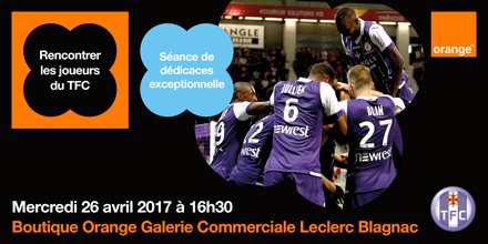 Le 26/04 à 16h30 Séance exceptionnelle de dédicaces <a href="/ToulouseFC/">Toulouse FC</a> dans votre boutique <a href="/OrangeOccitanie/">Orange Occitanie</a> de Leclerc <a href="/ccblagnac/">Cc blagnac</a>