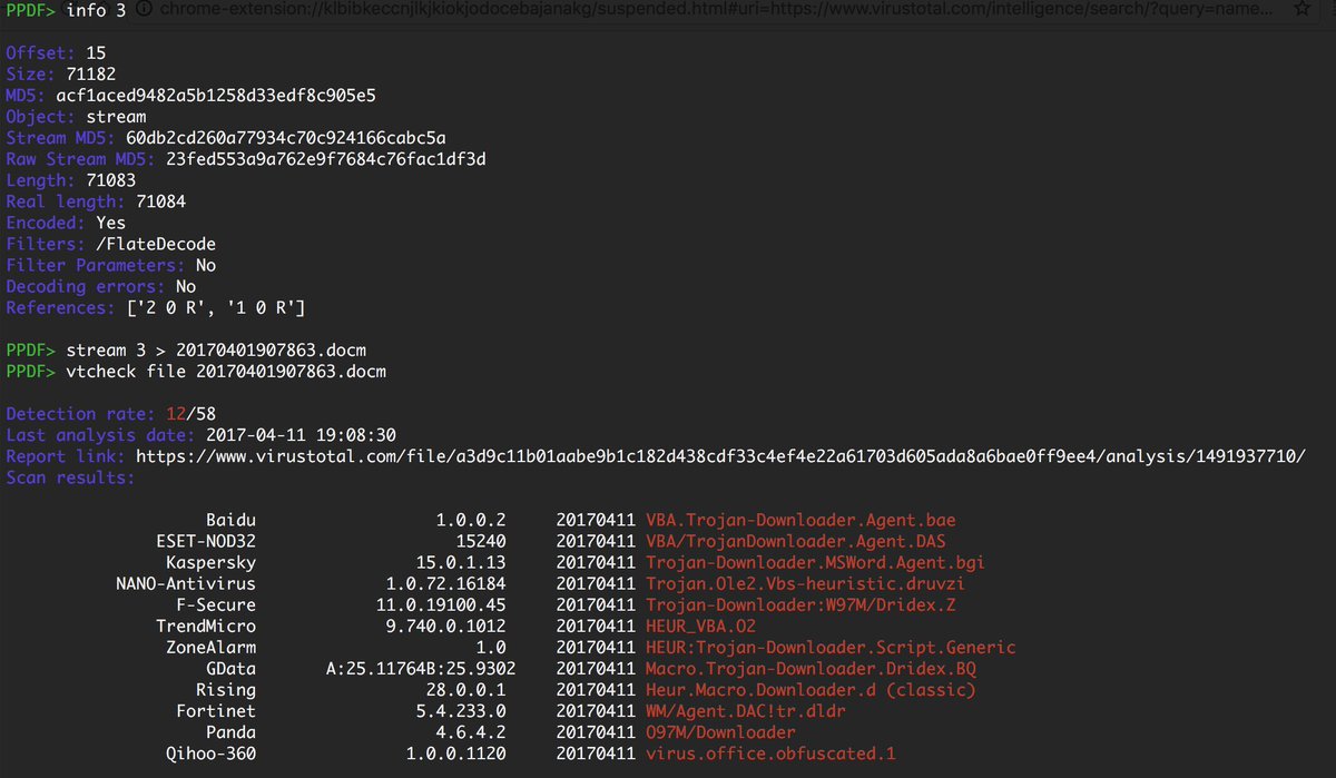 peepdf's tweet image. Another #malware campaign spreading PDFs (85066792c8952100ac057055a2f49a8c) to ask the user to execute docm files. The docm was detected ;)
