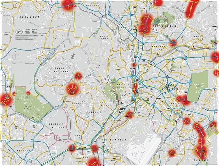 CyclingKL's tweet photo. Cycling Survey; at a glance, red areas have changes to traffic flow. 2 weeks, 3-5 surveys. Will create events on FB #bicyclemapproject https://t.co/GbrHnOGmCF