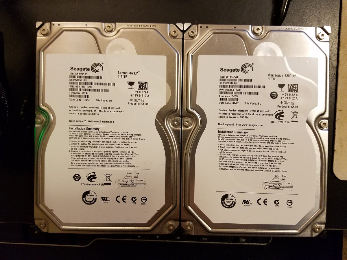 Woulf_Games's tweet photo. Behold, the only two HDDs that have ever failed on me. Both Seagate drives. This is why I only build with @westerndigital Caviar Blacks now! https://t.co/mYNo8AcPe7