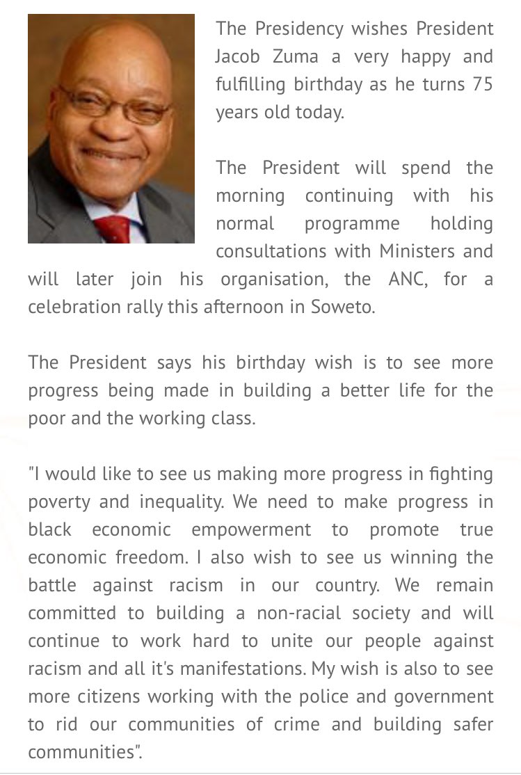  wishes president Jacob Zuma a happy birthday day. 