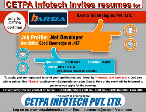 Roorkee_CIPL's tweet image. Yet Another #Placement_Drive for #CSE/IT students
Company: Barsia Technologies Pvt Ltd
Profile: #Dot_Net_Developer