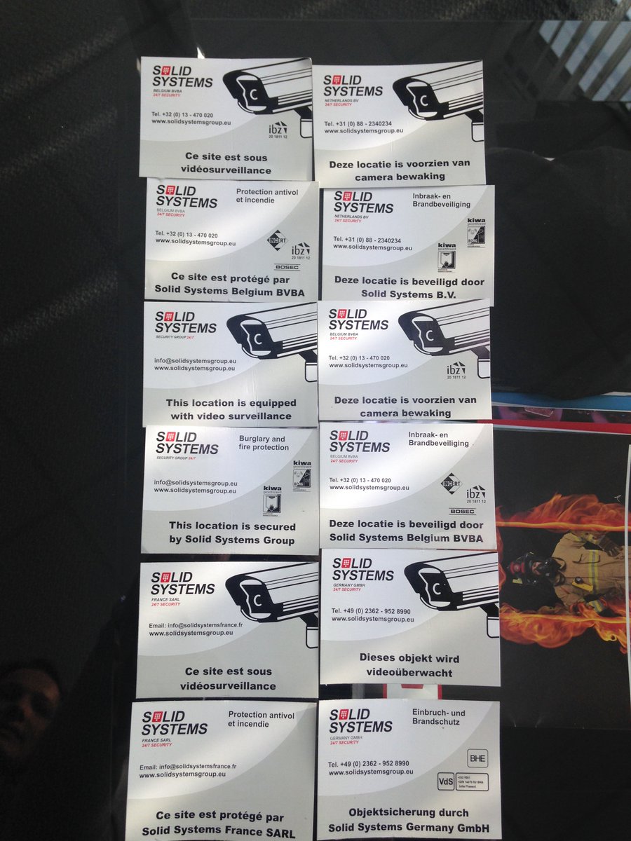 SolidSystemsBV's tweet photo. Zojuist nieuwe stickers ontvangen voor inbraak- en camerabeveiliging in meerdere talen voor onze buitenlandse vestigingen. #SolidSystems https://t.co/iVN5Iu24zS