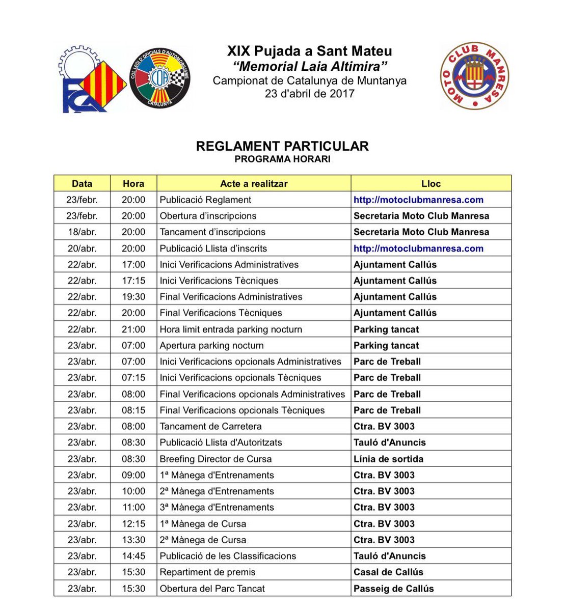 Horaris pujada a Sant Mateu, 23 d'abril
