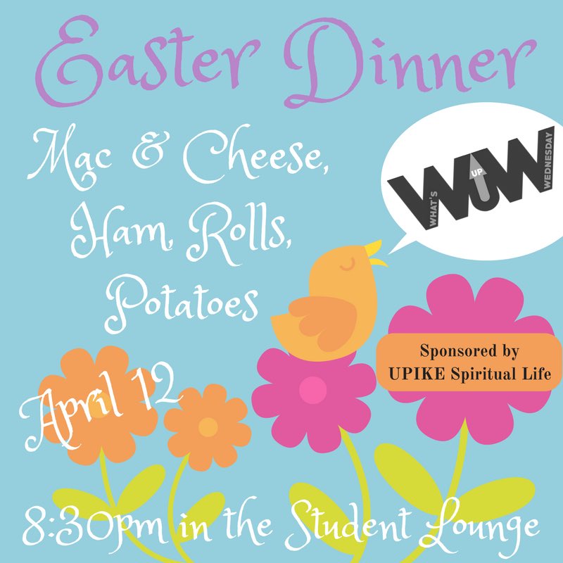 UPIKE_Success's tweet photo. What's Up Wednesday is BACK when @UPIKEchaplain aka #RapidRob sponsors a #UPIKEEasterDinner & a #WuWPreParty #GlowInTheDarkEggHunt 🐣 #WuW https://t.co/GygbaWWQLQ
