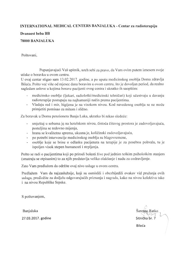 IMCBL_Affidea's tweet photo. Naš pacijent,gospodin Ratko Šarenac, uputio nam je pismo pohvale koje, uz njegovo odbrenje, u cjelosti objavljujemo. 
Hvala gospodine Ratko! https://t.co/uICJkeOuCz