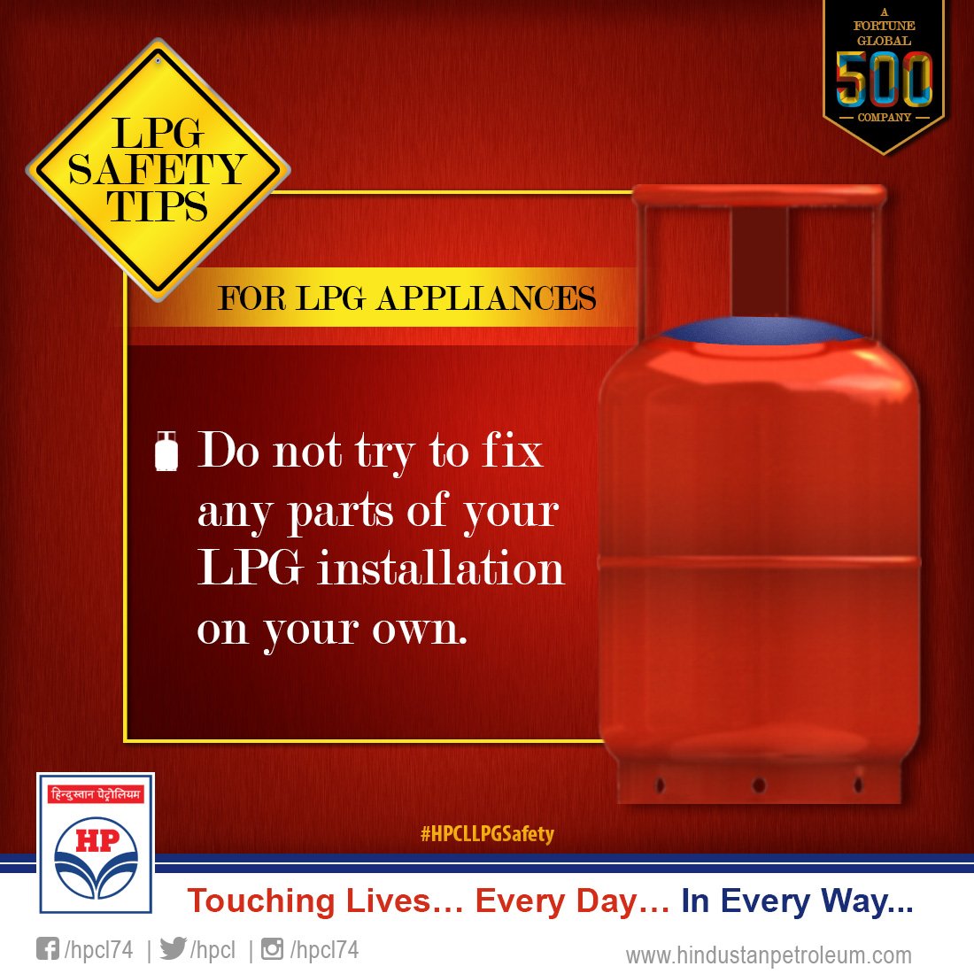 HPCL's tweet photo. Do not try to fix any parts of your LPG installation on your own. #LPGSafety #Tip https://t.co/Et8PhuekTT