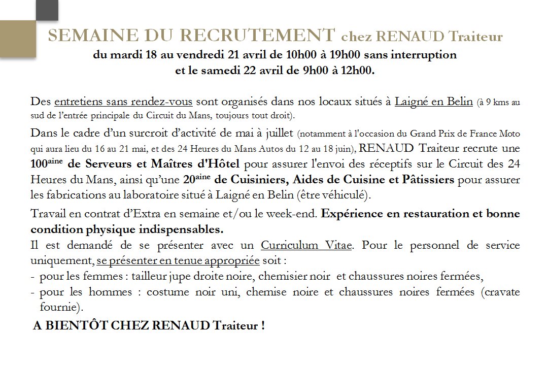 RenaudTraiteur's tweet photo. SEMAINE DU RECRUTEMENT chez RENAUD Traiteur du mardi 18 au samedi 22 avril. Venez nombreux (sans rendez-vous préalable) ! https://t.co/THI5kxdmKF