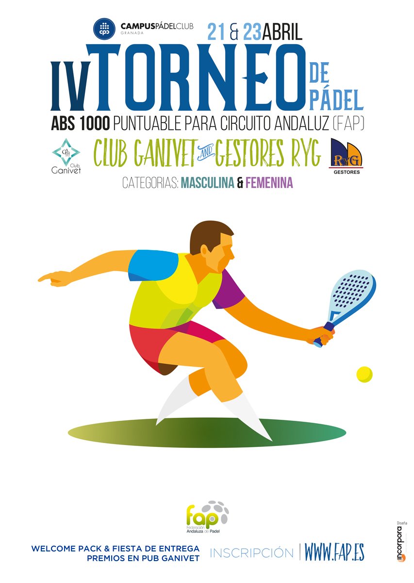 ABS 1.000 .<a href="/faponline/">Fed. Andaluza Pádel</a> IV Torneo .<a href="/ganivetgranada/">Pub Ganivet Granada</a>.<a href="/GestoresRyG/">Gestores RyG</a>, del 21 al 23 de abril en .<a href="/CampusPadel/">Campus Pádel Club</a> 
fap.es/delegaciones/n…