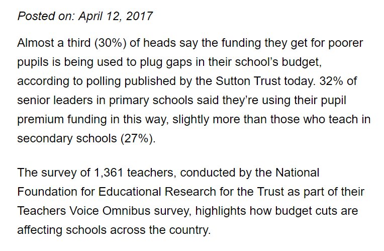 EducEndowFoundn's tweet photo. A third of heads “using Pupil Premium funding to plug gaps” in their school’s budget, new @SuttonTrust polling finds https://t.co/CEm5G4T6H0 https://t.co/ZJI9h0FGQo