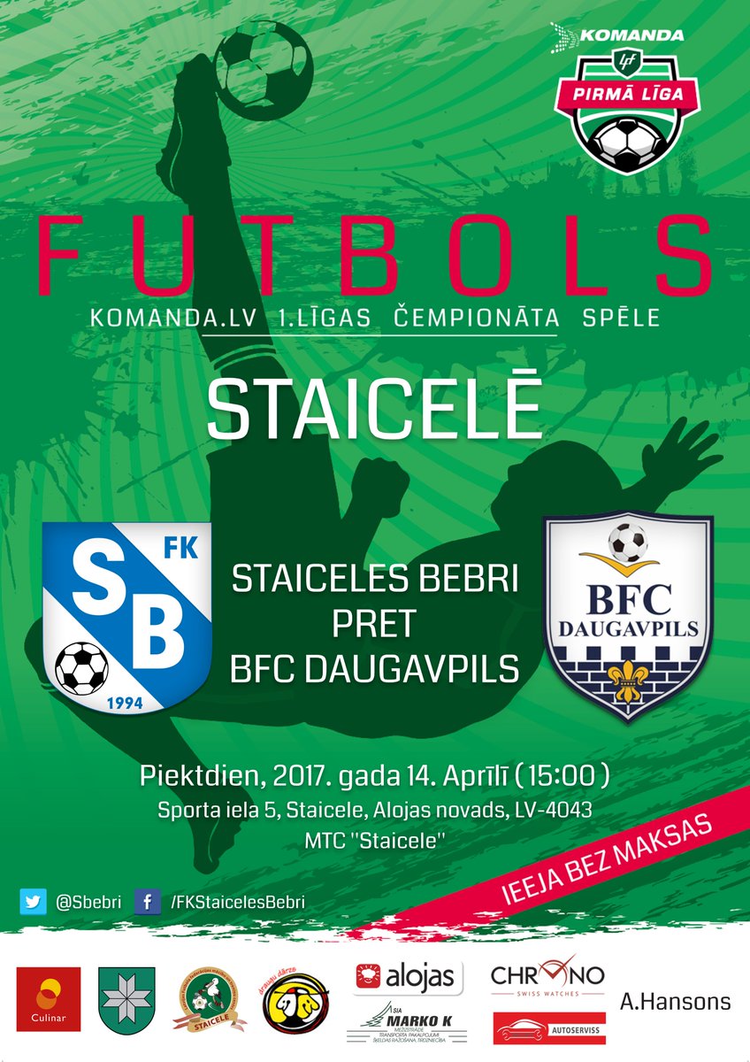 2017.gada @KomandaLV 1.līgas čempionāta sezonas atklāšanas spēle!
Piektdien (15:00)
<a href="/Sbebri/">FK STAICELES BEBRI</a> - <a href="/BFC_Daugavpils/">BFC Daugavpils</a>