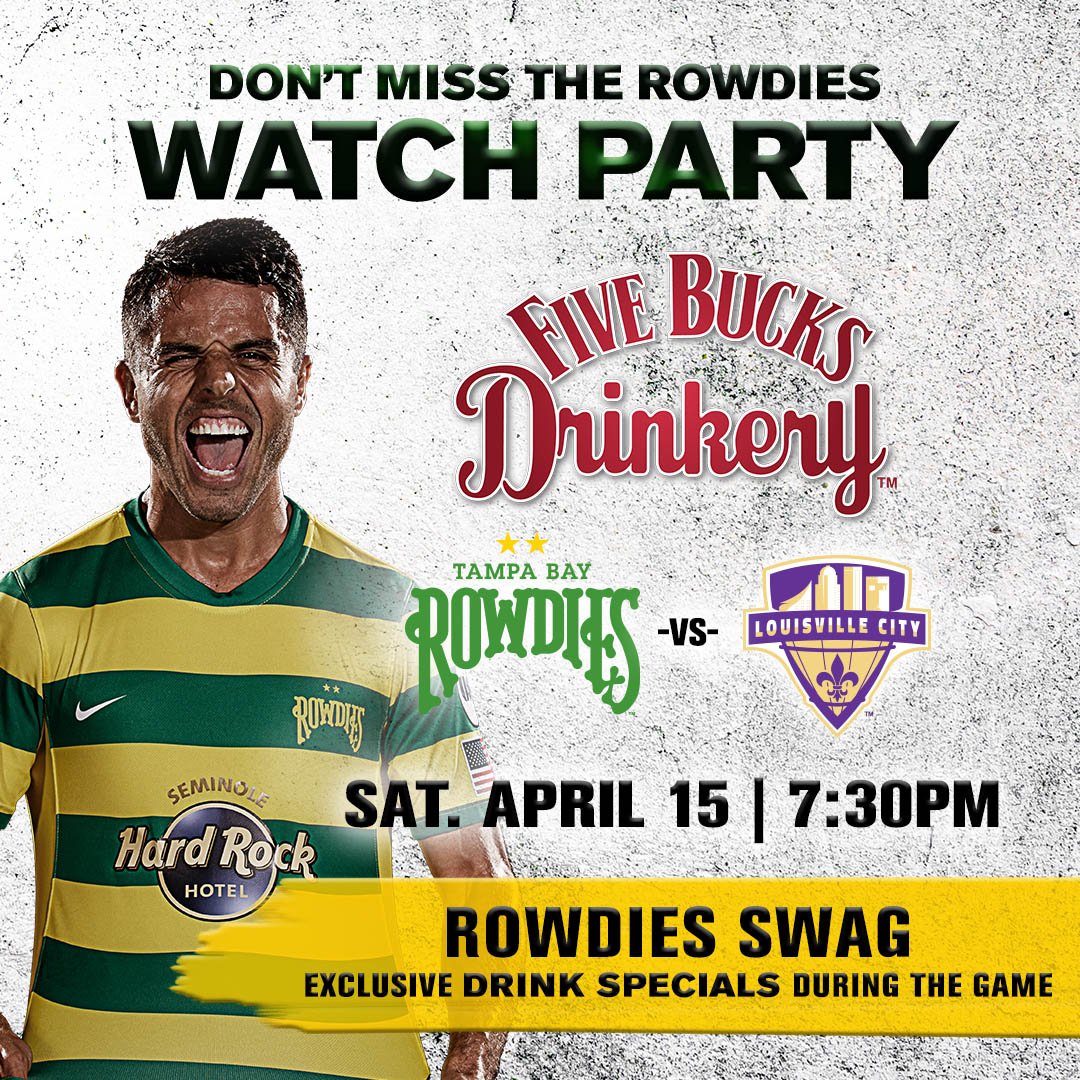 TampaBayRowdies's tweet photo. Join us this Saturday at @FiveBucks727 to watch us take on @loucityfc. Enjoy free Rowdies swag & exclusive drink specials during the game! https://t.co/6ysGHKIJj6