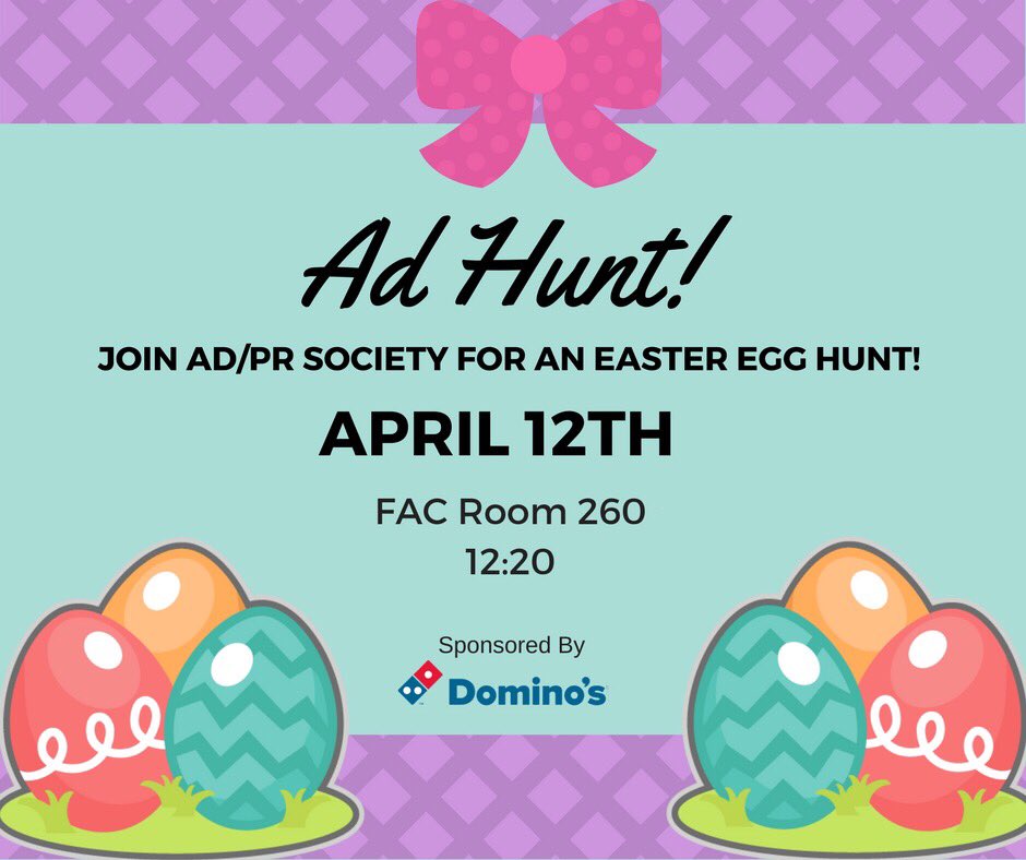 Eggcellent! Ad/Pr Society is doing an Easter Ad Hunt today! Come join in on the eggstraordinary fun at 12:20 in room 260! Also... 🍕🍕🍕