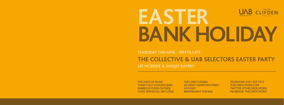 CollectiveBrum's tweet photo. Easter stuff from us &amp; spreading across 3 days @TheLordClifden - 
Thurs, Good Friday w/ @thisistmrw &amp; Sunday for @kitchendisco https://t.co/04b1geH4Lj