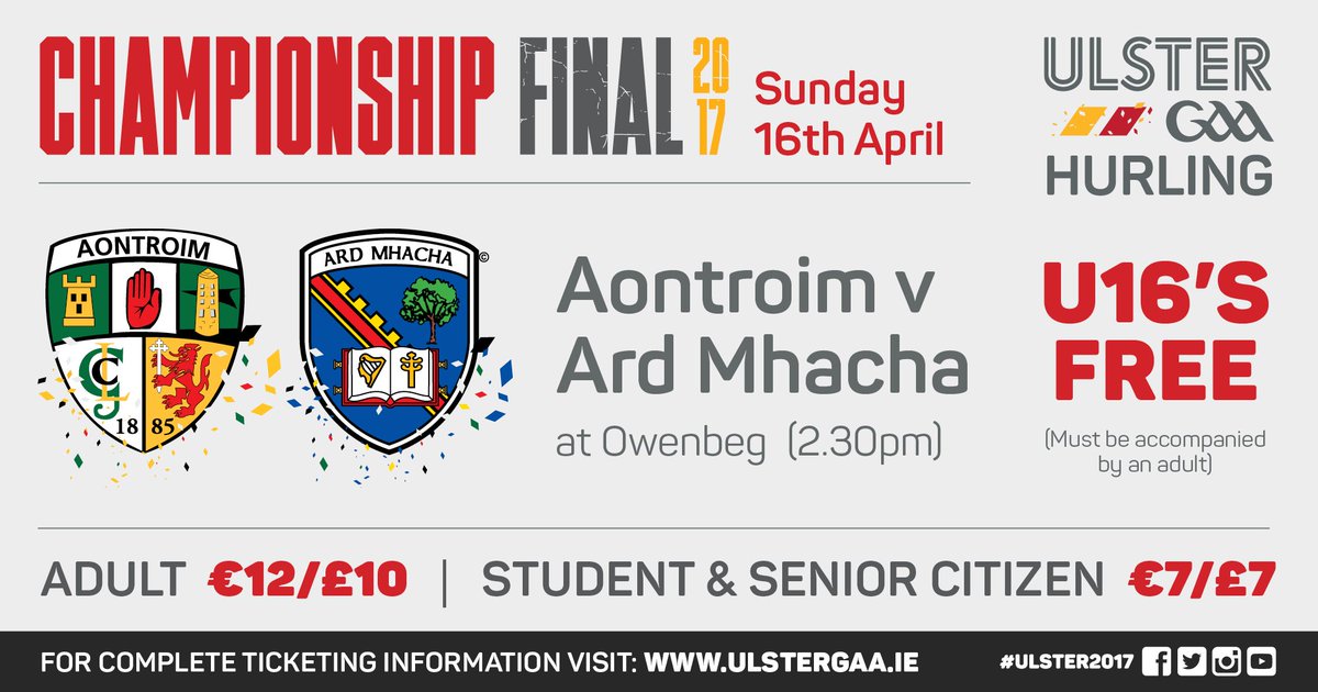 Aontroim v Ard Mhacha 
What county is crowned the #Ulster2017 Senior Hurling Champions will be decided Sun April 16, Owenbeg @ 2.30pm