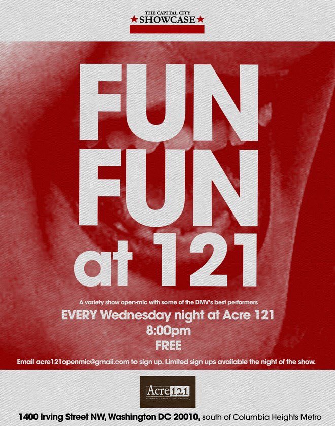 Tonight! Open Mic #FunFun <a href="/Acre121/">Acre121</a> Comedy, Music &amp; more! 8pm-10pm All ages <a href="/CapCityShowcase/">The Capital City Showcase</a> Free M: Columbia Heights freeindc.blogspot.com/2017/04/upcomi…