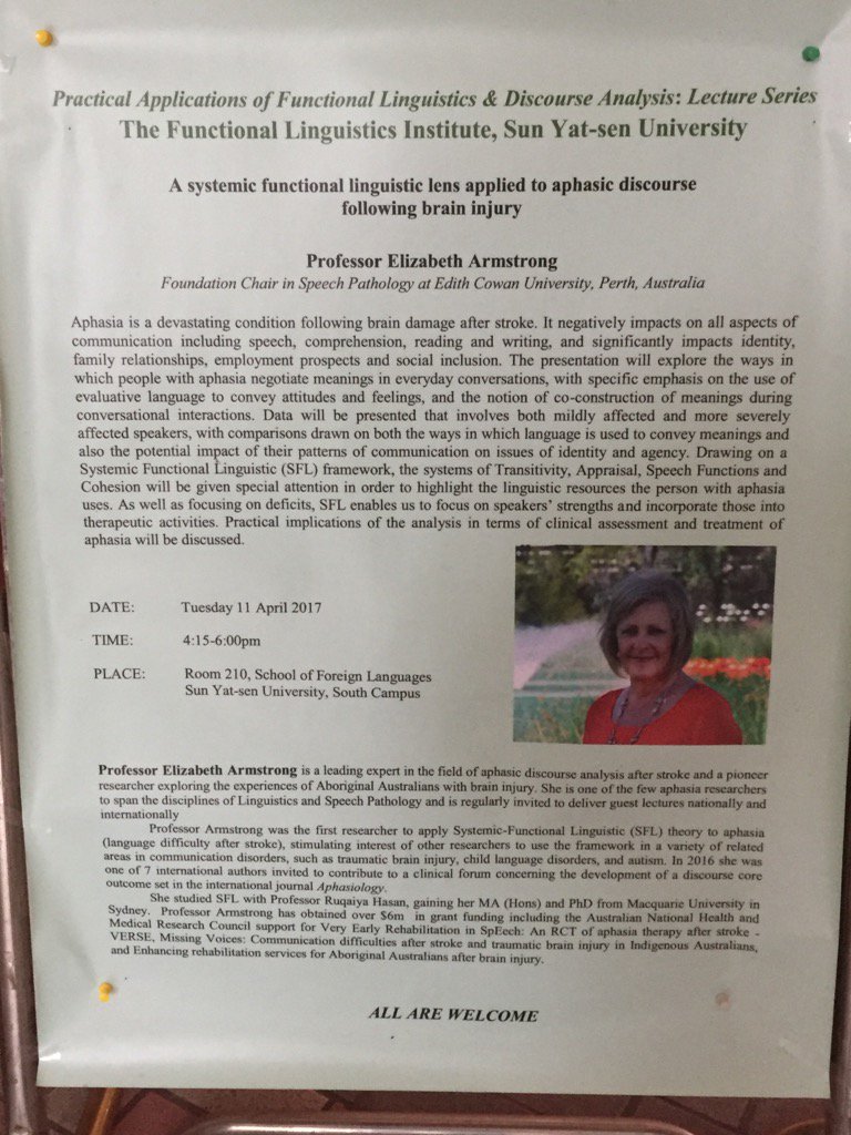 ProfBArmstrong's tweet photo. Great sharing ideas at Sun Yat-Sen Uni Guangzhou #aphasia #discourse #EdithCowanUni #functionallinguistics https://t.co/VeLp7lO1oP
