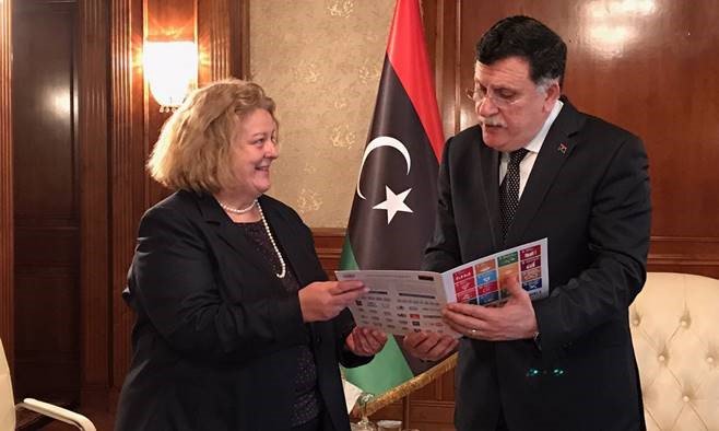 UNDPLibya's tweet photo. .@UNSMIL & @UNDPLibya RR Maria Valle Ribeiro meets #Libya PM Fayez Al-Sarraj; hands over 10 ambulances for #Sirte #StabilizationFacility https://t.co/oqd3t6yHu1