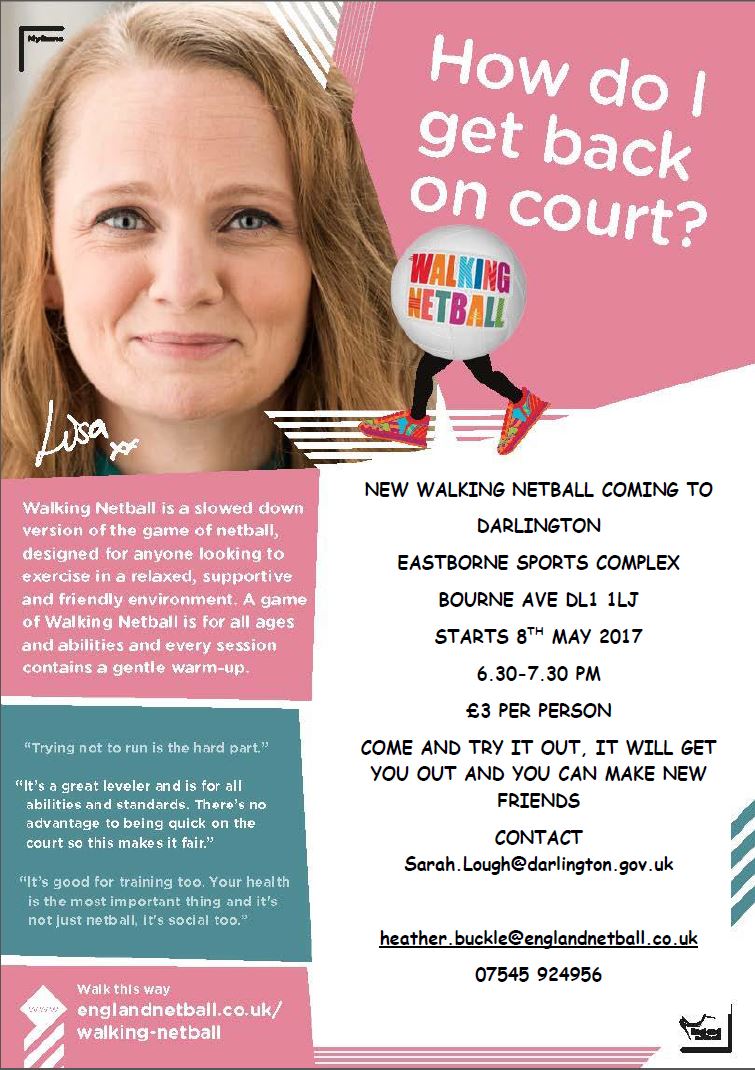 NetballInSDandC's tweet photo. Walking netball coming to Darlington get your wiggle on @SDCP_Netball @HealthyDton @WhatsOnDarlo @AgeUKDarlington @Ageing_Better #walk4fun https://t.co/yMzFkut61W