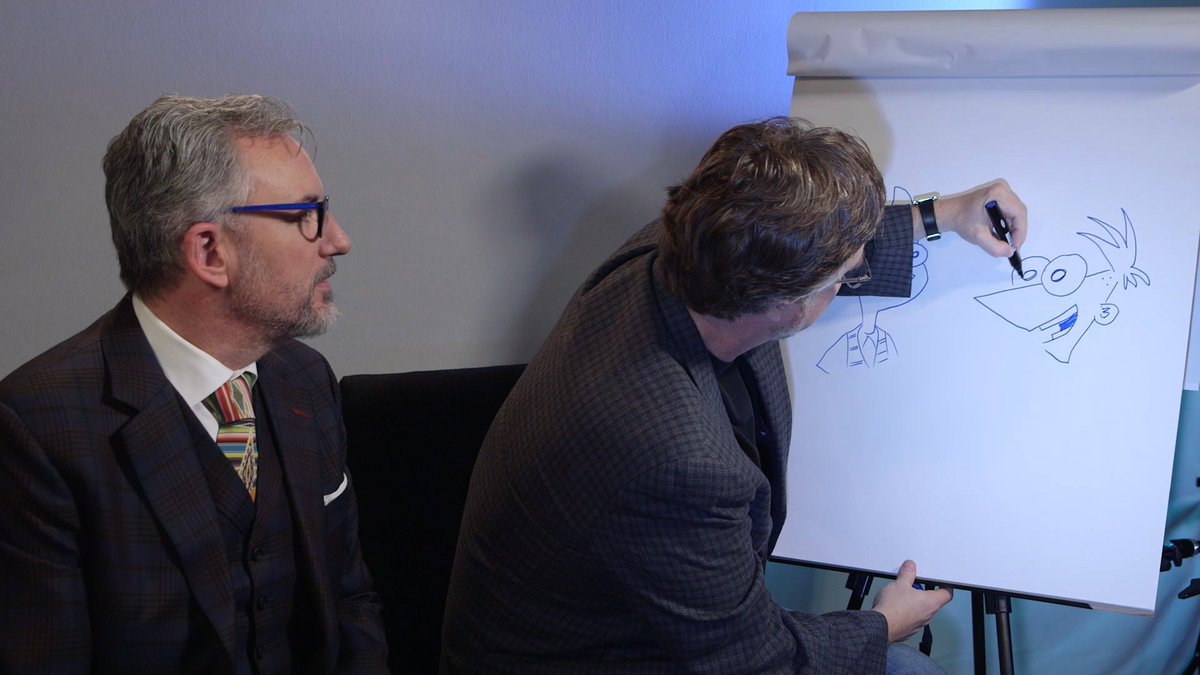 Creators <a href="/DanPovenmire/">Dan Povenmire</a> &amp; <a href="/mmonogram/">?</a> show us how to draw Phineas and new character Milo Murphy! Full interview here: skwigly.co.uk/lightbox-milo-…