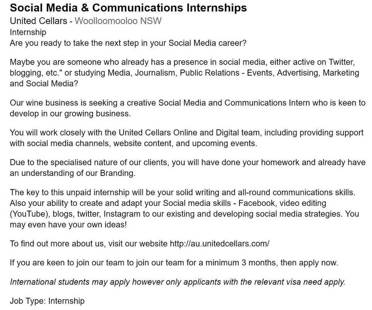 Of course, young people should be grateful to work for a minimum of three months for free, for a fancy wine company.