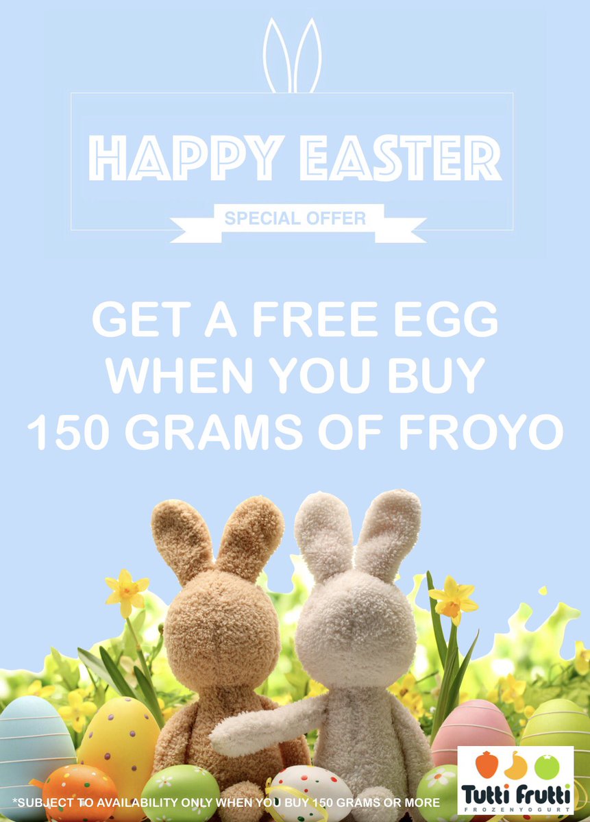Don't miss our Easter 🐣giveaway 🎉 of a free egg when you buy 150g or more Frozen Yogurt or Sorbet #Easter #EasterEgg #TuttiFruttiBluewater