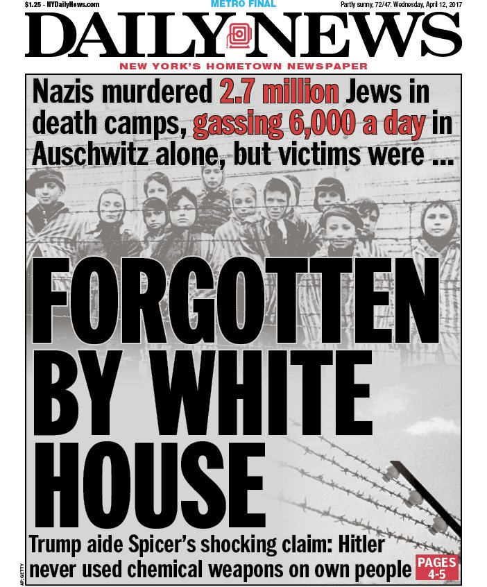 NYDailyNews's tweet image. Today&apos;s front...
Nazis murdered 2.7M, gassed 6K a day in Auschwitz, but victims were 
FORGOTTEN BY THE WHITE HOUSE nydn.us/2p3rd9B