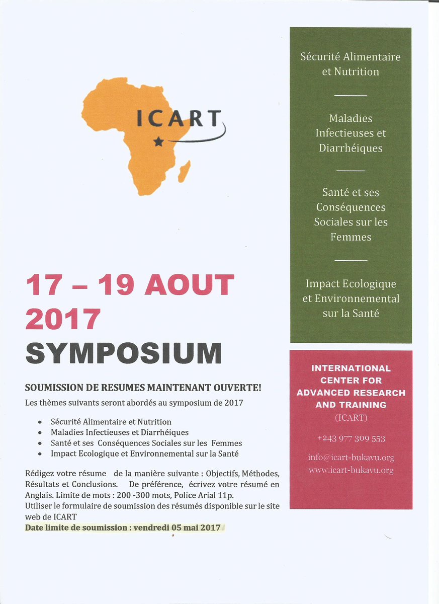 ICARTBukavu's tweet photo. @ICARTBukavu #Symposium #Scientifique 2017. SOUMISSION DE RESUMES MAINTENANT OUVERTE JUSQU'AU 05 MAI 2017. #Symposium2017 @PanziFoundation https://t.co/afH4ri1Zs0