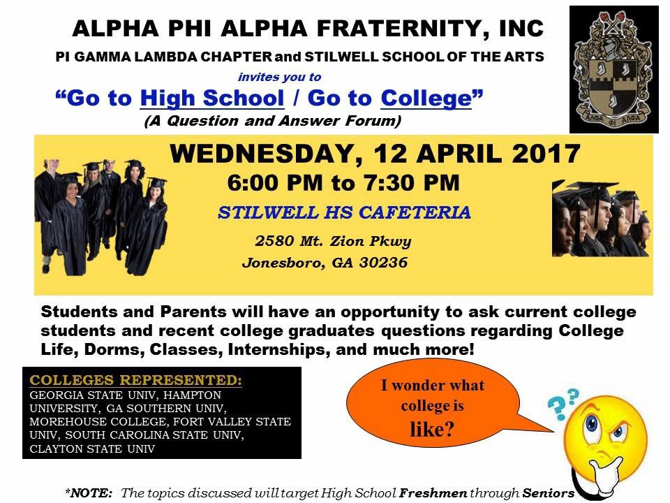 ClaytonAlphas's tweet image. 🚨 TONIGHT 🚨#GoToHighSchoolGoToCollege forum at 6 p.m. at Stilwell School of the Arts. Bring your students. #AΦA #APhiA #ClaytonCountyAlphas