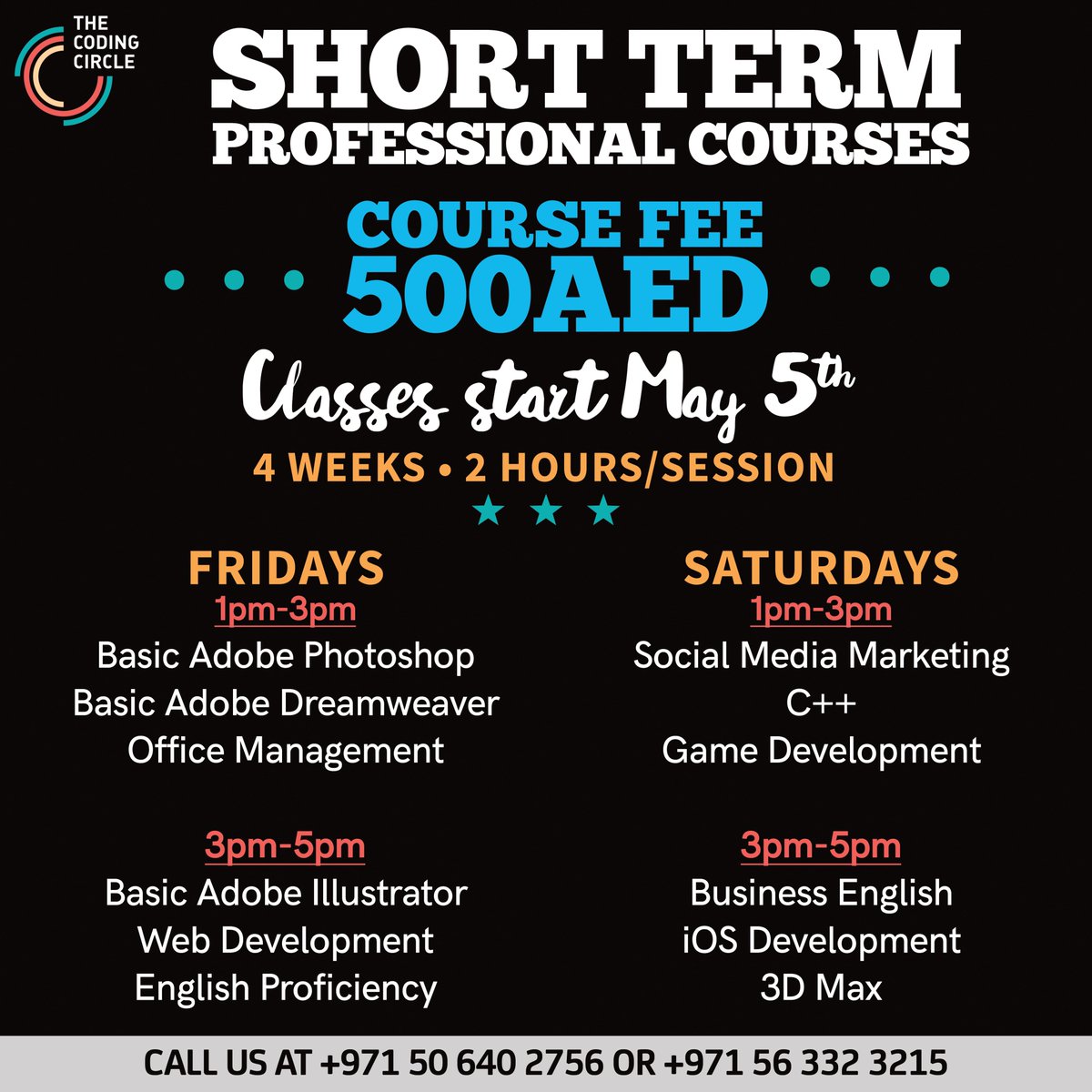 CodingCircle's tweet image. Help us equip you in developing your professional and personal skills.
Enroll now!
#mydubai #English #adobe #gamedev #socialmediamarketing