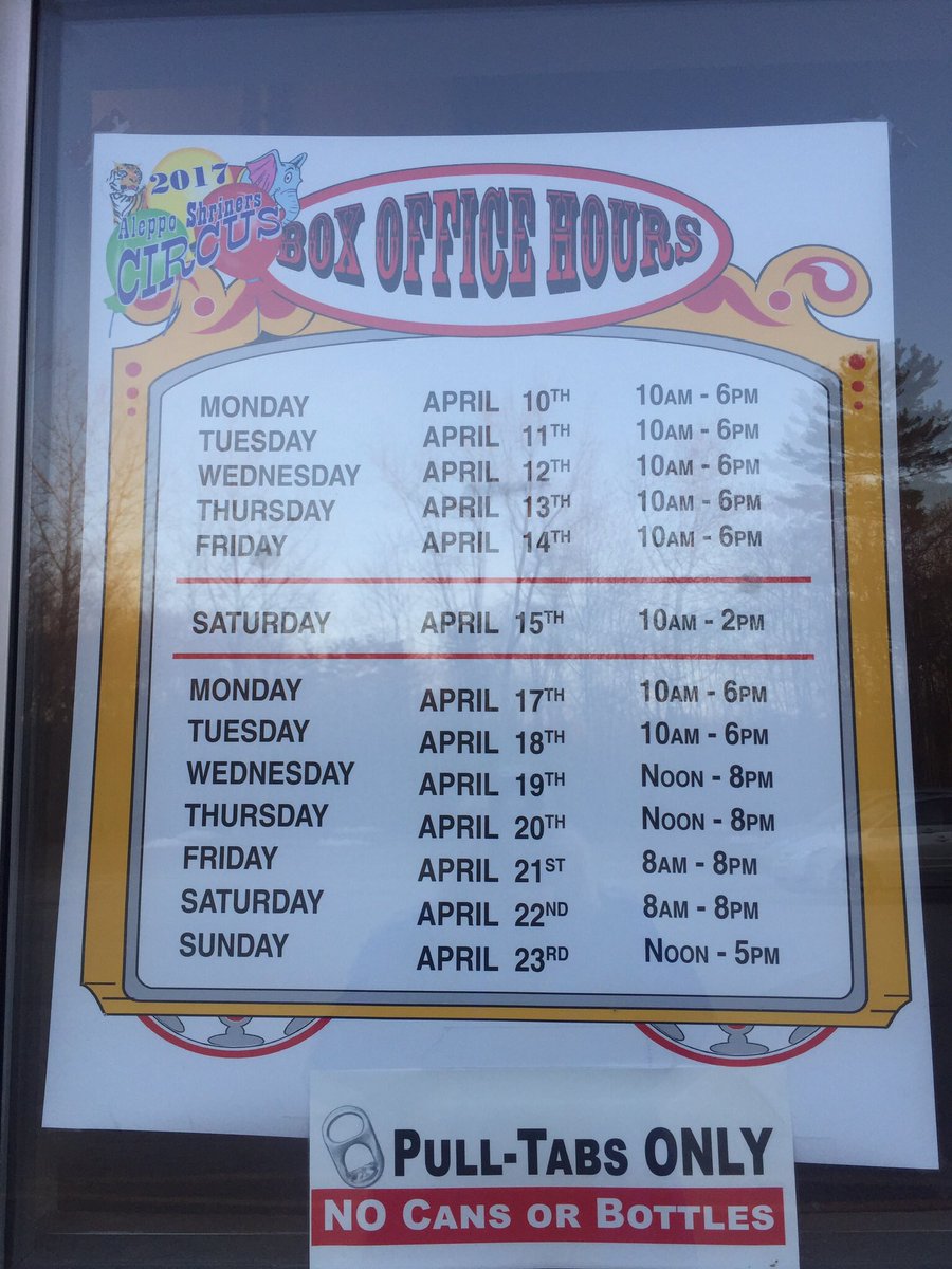 Aleppo Circus box office hours. 99 Fordham rd #Wilmington MA. Circus 4-19/ 4-23