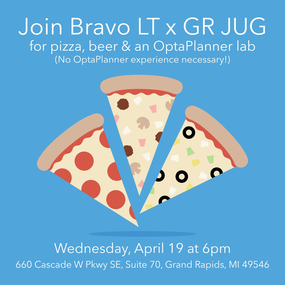 bravo_lt's tweet photo. We’re excited to be hosting another @grjug #Meetup! RSVP at https://t.co/XswHklwdTx today!

#grjug #OptaPlanner #GrandRapids https://t.co/UhMgslHaUT